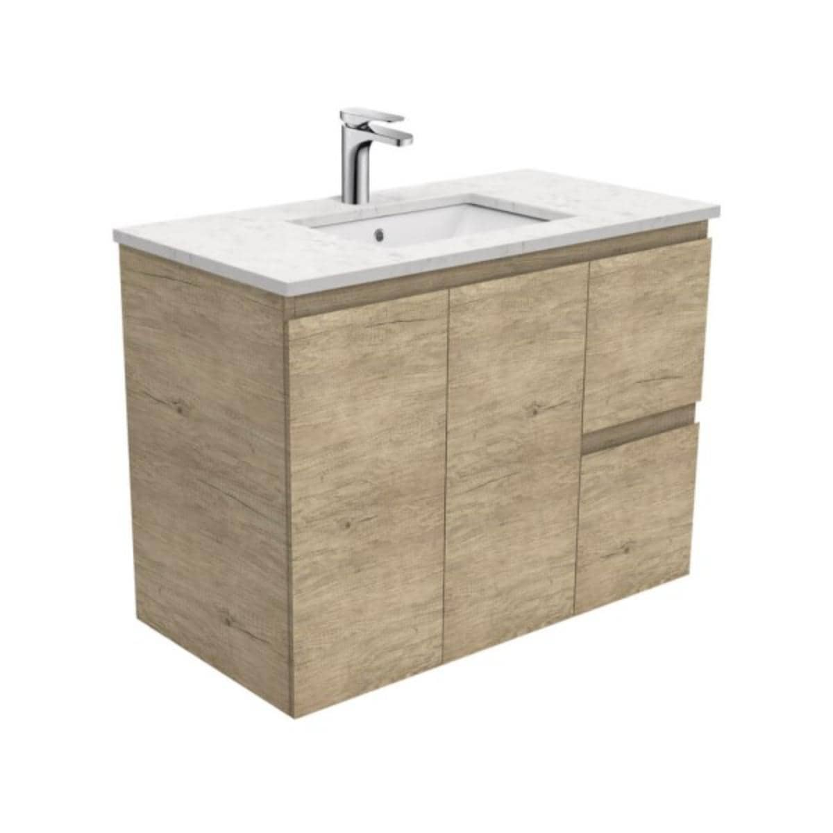 Scandi Oak 900mm Wall Hung Vanity - Right Drawers - Bianco Stone top ...